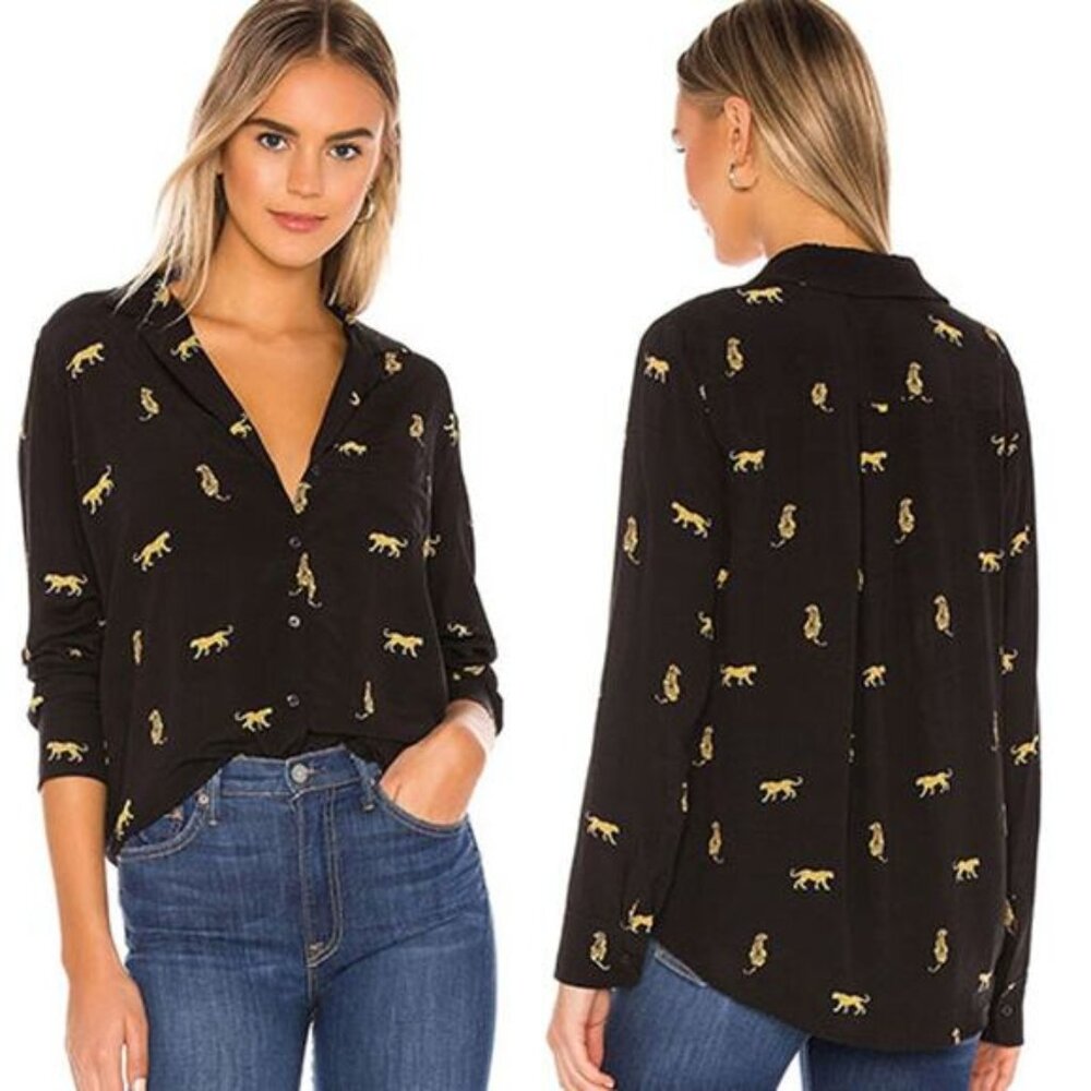 NEW Rails Rebel Cat Long-Sleeve Notched-Collar Button-Up Top Black Size: Small